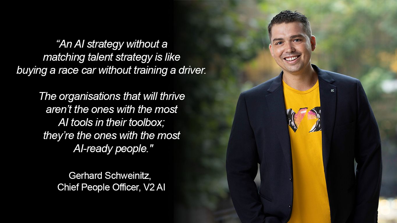 Gerhard Schweinitz, Chief People Officer at V2 AI. To his left is a quote attributed to him, which emphasises that a successful AI strategy requires a matching talent strategy.
