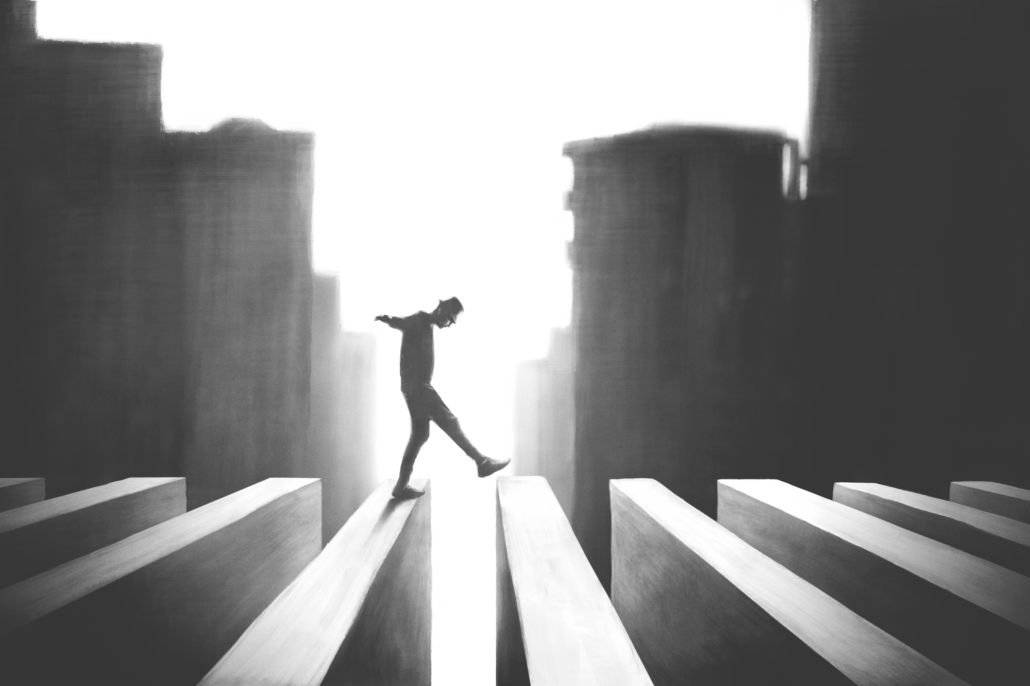A silhouette of a person, balancing on the edge of concrete blocks suspended in mid-air, symbolising careful navigation required in release environment design. The image connects with themes of platform engineering and optimising deployment environments.